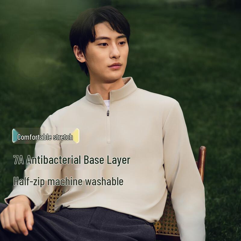 Hongdou Men s Double-Sided Brushed Half-Zip Warm Long Sleeve T-Shirt XL (72-80kg)