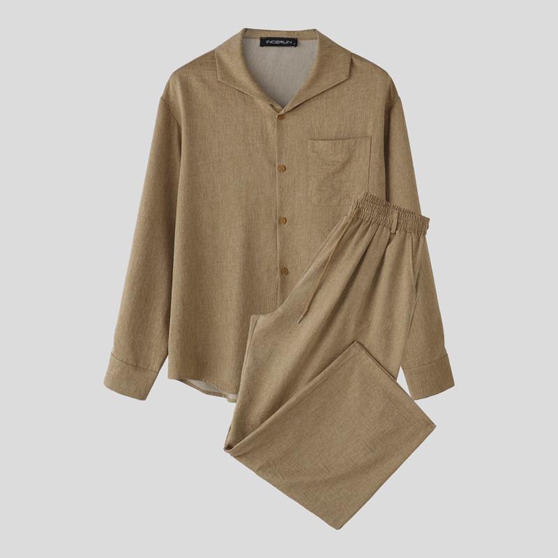 INCERUN 2PCS Men Lapel Neck Long Sleeve Shirts and Elastic Waist Pants Sets Suits