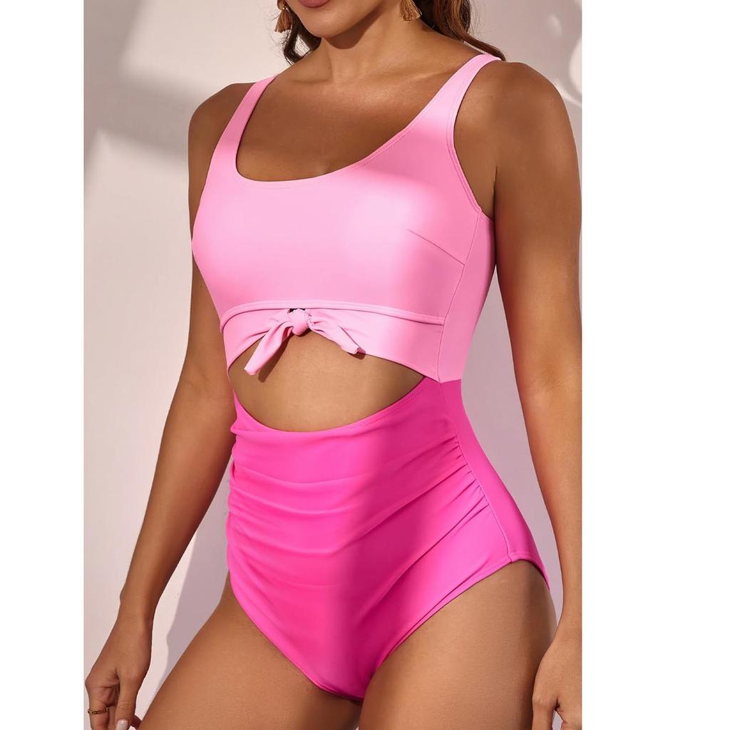 Women's One-Piece Swimsuit With Cross Straps To Cover The Belly, Conservative Solid Color Patchwork Swimsuit