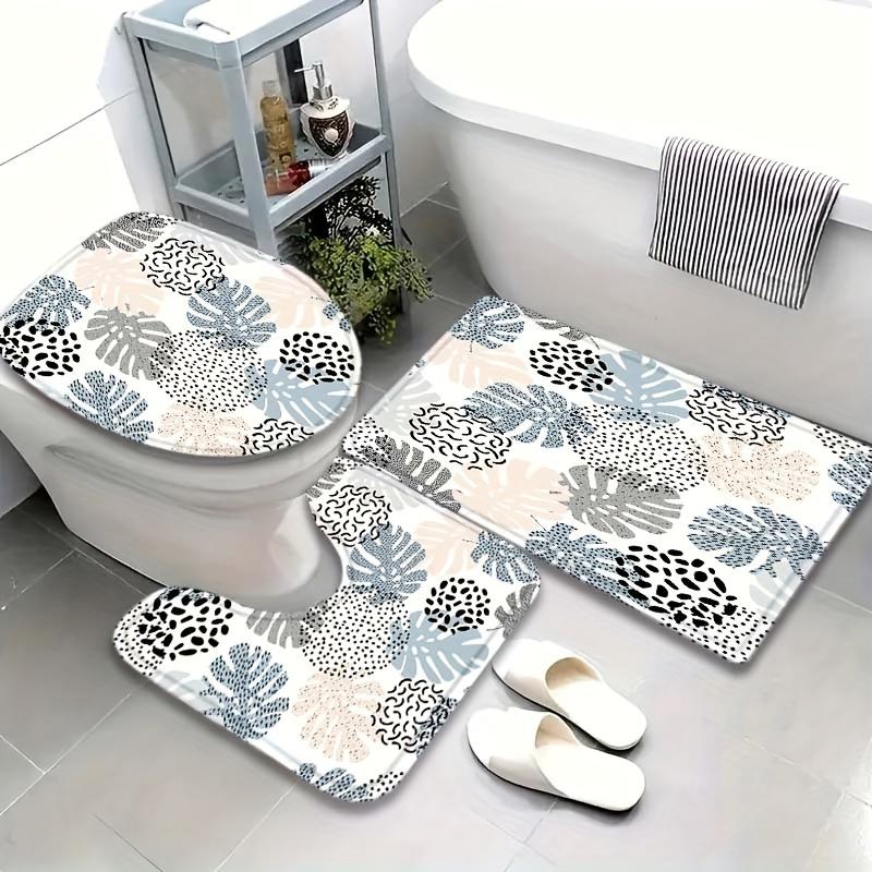 Set Of 4 Stylish Leaf Pattern Bathroom Decor, Shower Curtain, Bath Mat, U-Shaped Mat, Toilet Seat Cover, Machine Washable