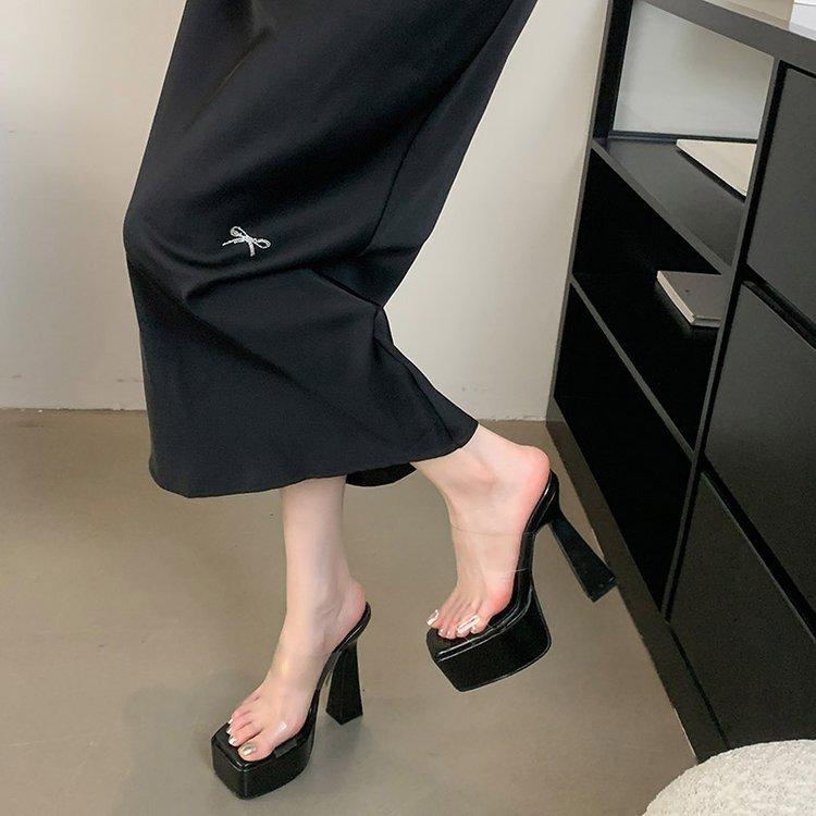 15Cm Super High Heel Thick Heel Waterproof Table Square Head with Transparent High Heel Cool Slippers Nightclub Sexy Foreign Trade Shoes Tide