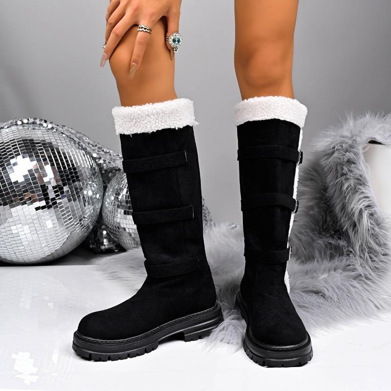 New Winter Fleece Lined Turn Over Long Boots with Buckles Fluffy Thick Snow Cotton Thigh High Boots