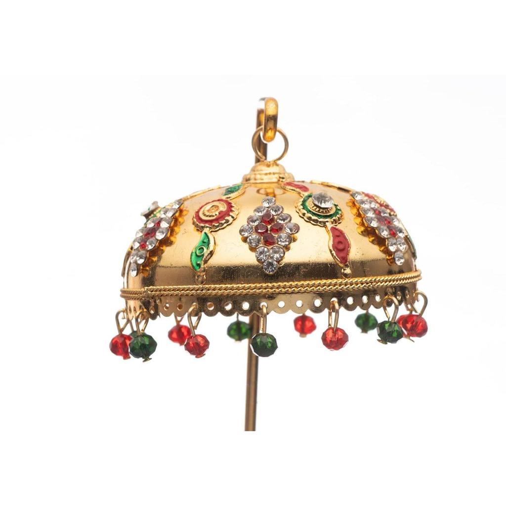 Metal Umbrella Chhatra with Hanging Crystals for God Idol, Car Dashboard/Office Desk/Table/Home Decor Showpiece,