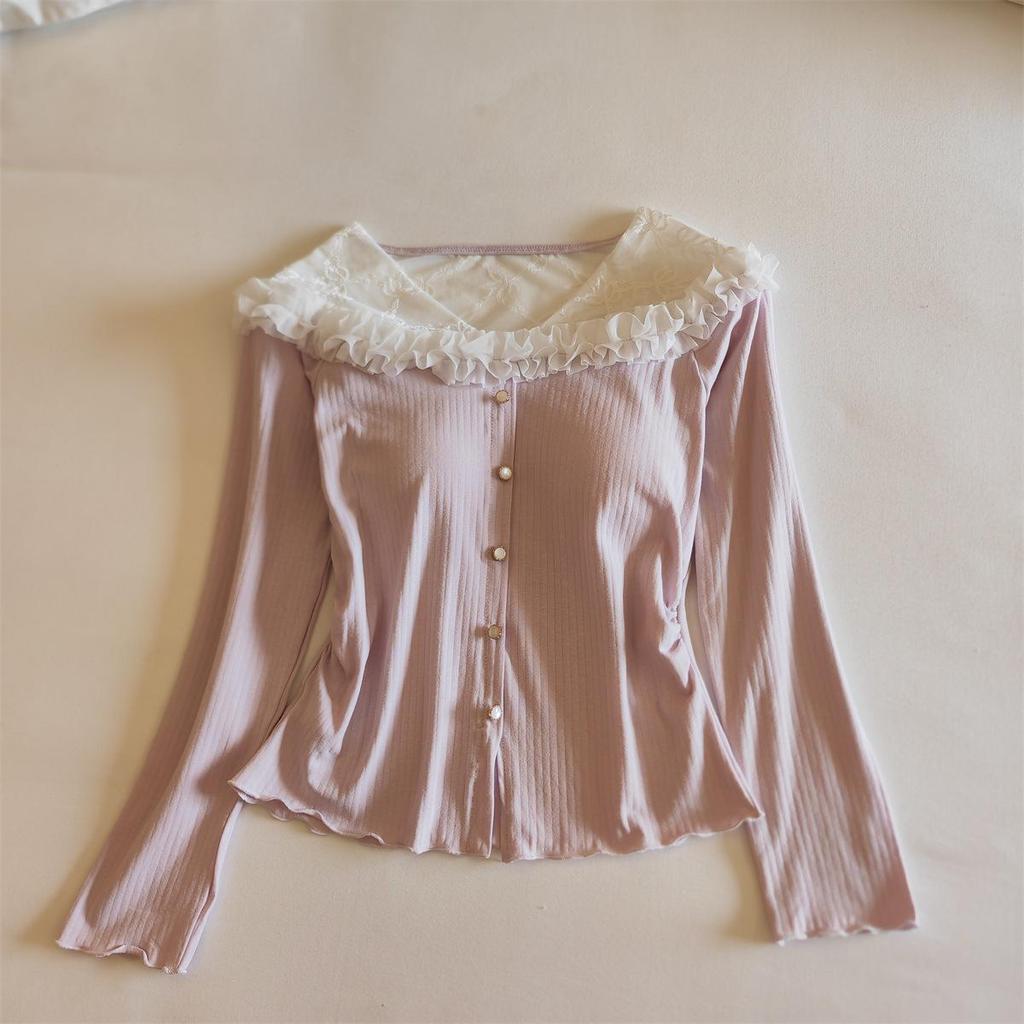 Women's Cotton Pajama Set: Long Sleeve, Lace Trim, Long Pants, Chest Pads, Sexy Style for Spring, Autumn, Winter.