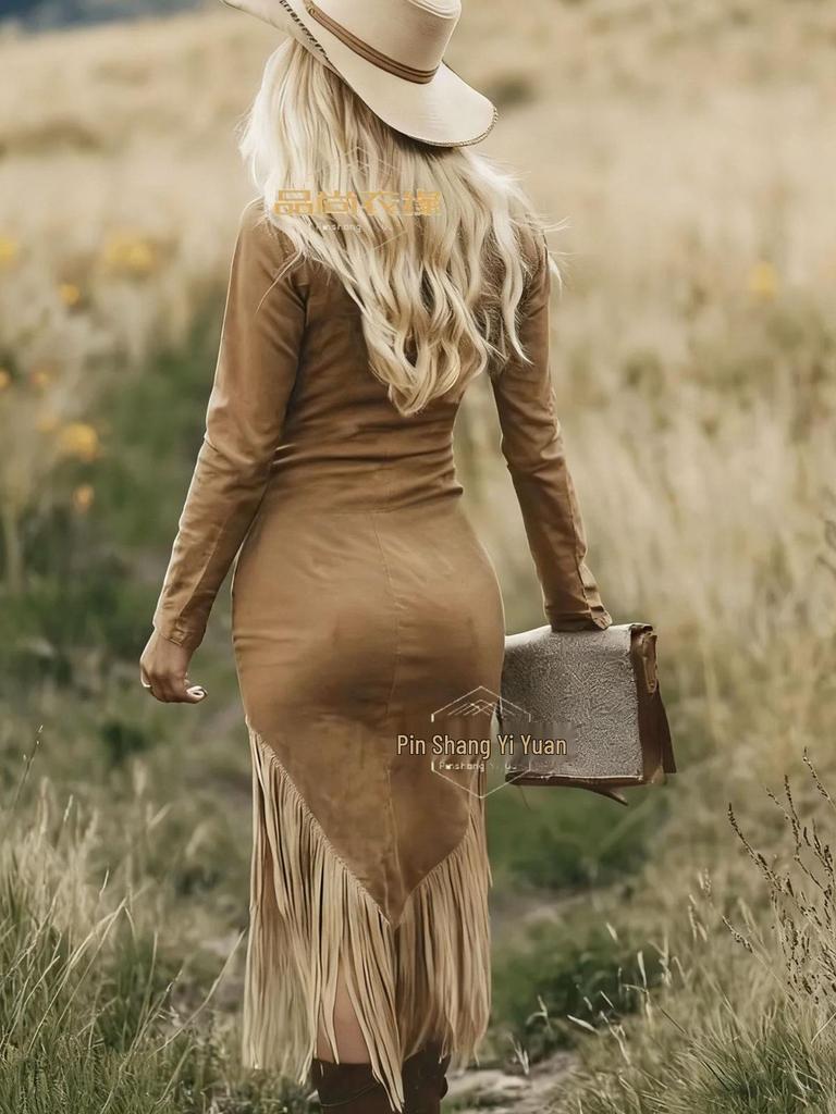 2025 Retro Western Slim-Fit Tassel Hem Cowboy Dress for Girls