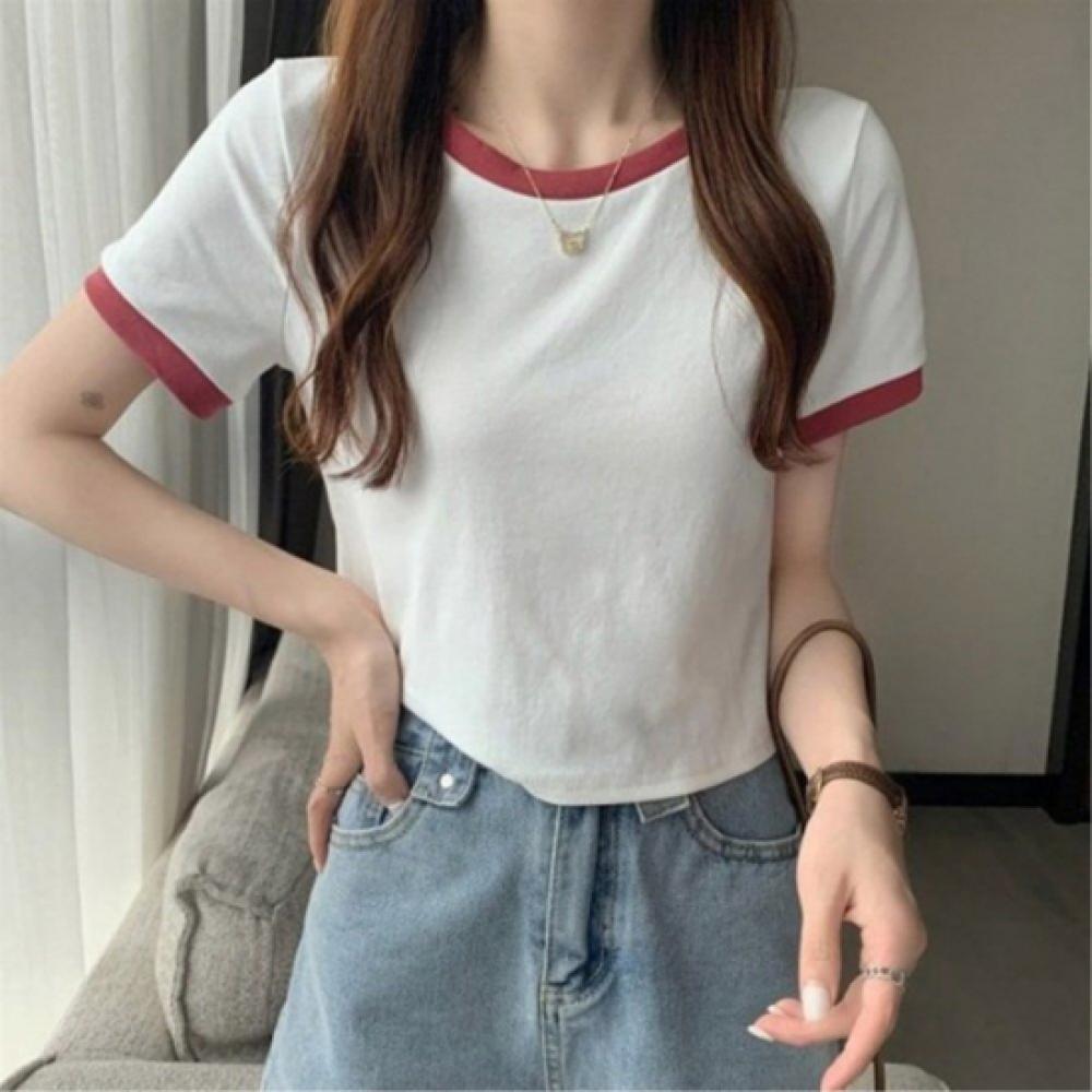 New Arrivals Open Run Women Semi Crop Color Block T shirT