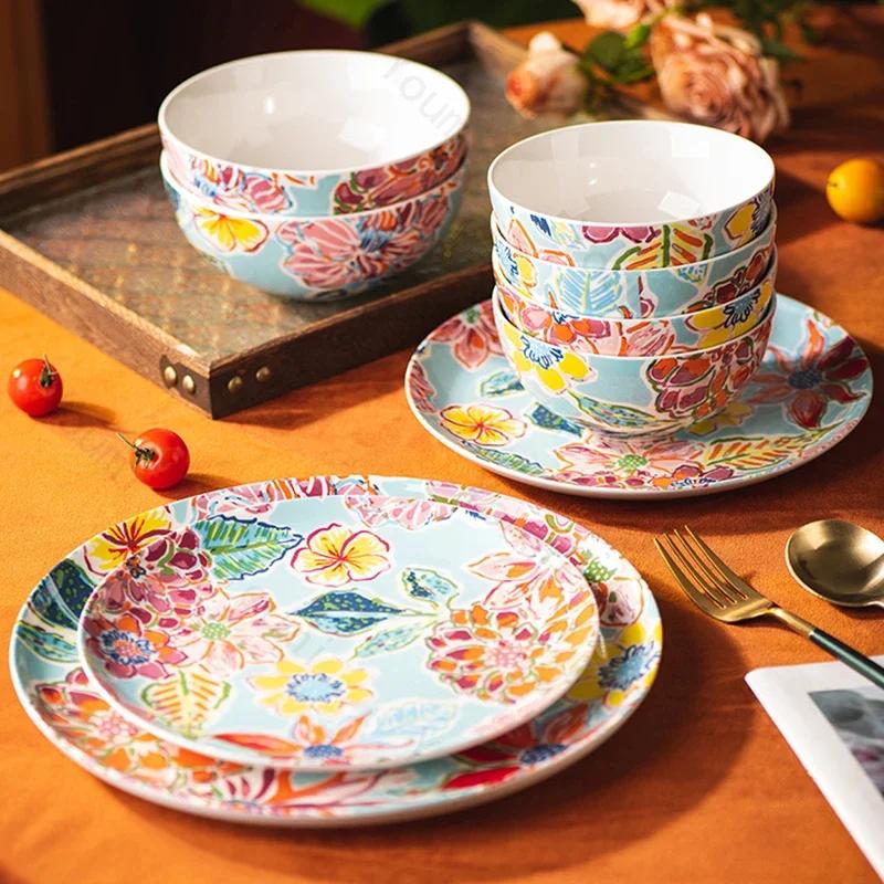 Piatti in Ceramica con Fiori Creativi Piatto da Bistecca per Ristoranti di Lusso Ciotole Deliziose per Ramen per la Casa Stoviglie Rotonde Raffinate