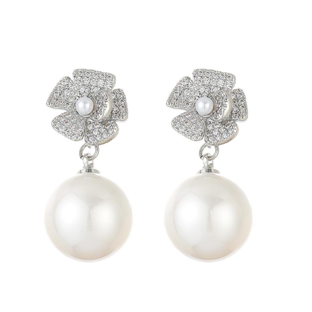 Elegant French Flower Pearl Zircon Stud Earrings in S925 Silver – Luxury High-End Women's Jewelry