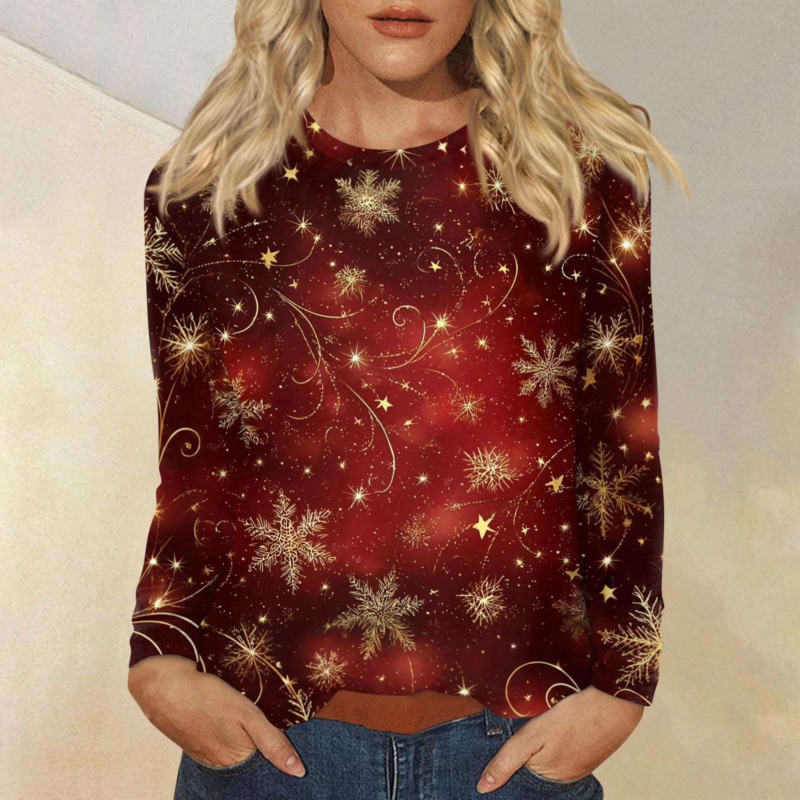

Женская мода повседневный рождественский принт круглый вырез длинный рукав пуловер топ S