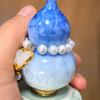 Pearlescent Iridescent Double Fortune & Longevity Gourd Ornament with Blue Porcelain Base - Hand-painted Gradient for Birthday or Housewarming Gift