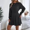 Women's Fashion Casual Twisted Knit Fitted Waist Sweater A-line Skirt Round Neck Long Sleeve Solid Color Dress
