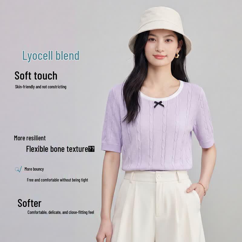 FivePlus Women s Lyocell Blend Round Neck Short Sleeve Knit Top One Size