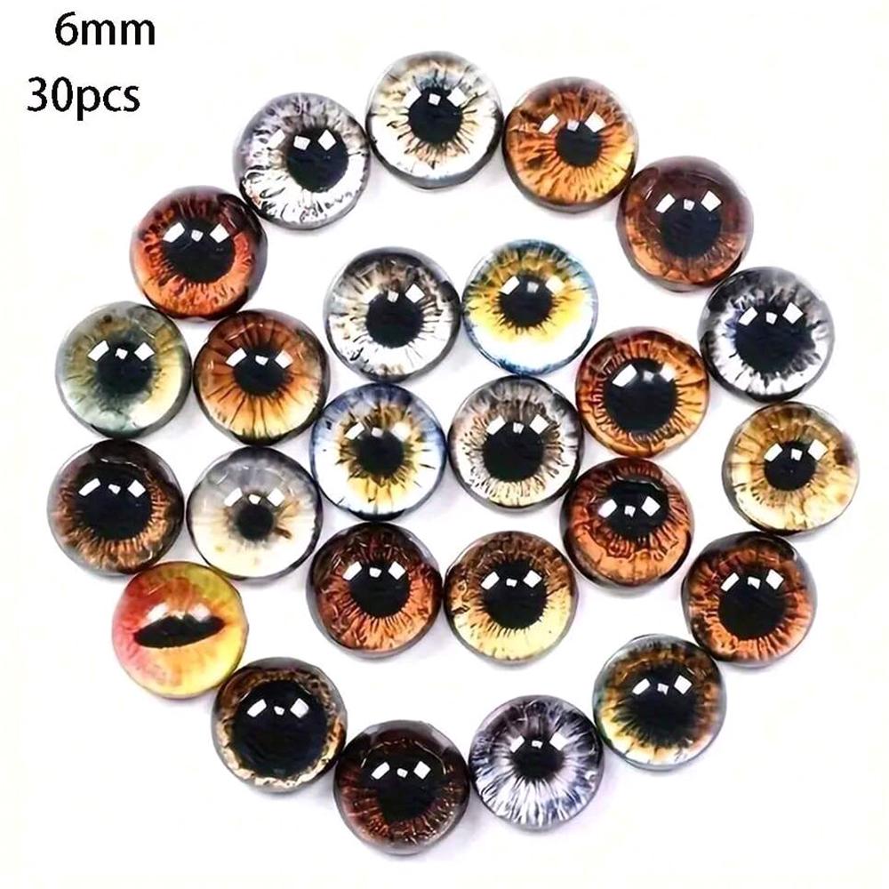 6/8/12/16mm Doll Eyes Cat Eyes Glass Eyes Round Cabochon Eye Mixed Printed Half Round Eyes 30Pcs Mini Animal Eyes for Doll Props