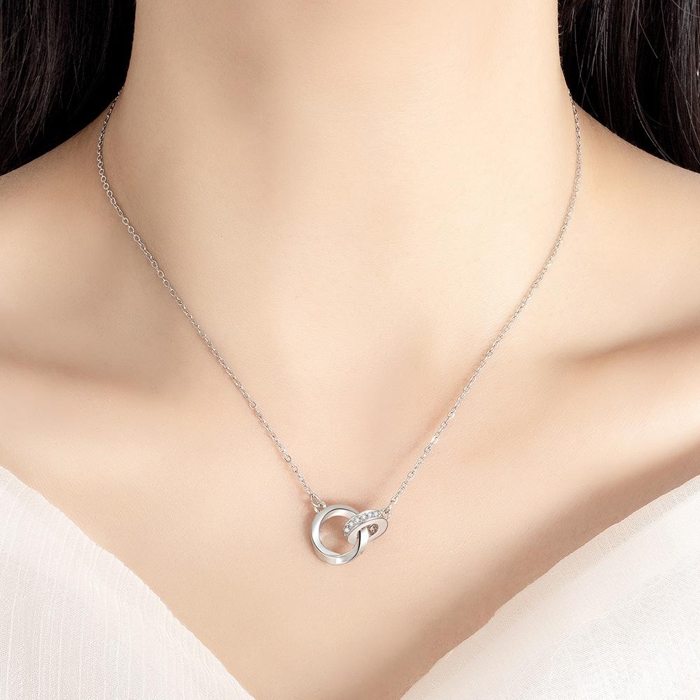 Sterling Silver Necklace with Double Ring and Diamond Pendant Ladies Fashion Simple Birthday Party Anniversary Jewelry Gift