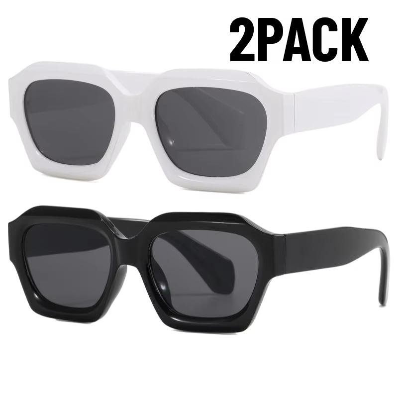 2PCS New Fashion Black Small Rectangular Thick Frame Sunglasses for Men and Women Rectangular Summer Wear Outdoor Travel Shades