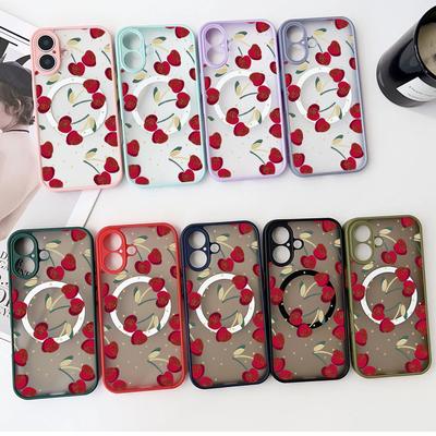 Custodia Magnetica Antiurto con Motivo Ciliegie per iPhone 16 15 14 Plus 13 12 Pro Max 11 Acrilico Rigido Trasparente Colore Semplice Bordi Morbidi Custodia con Protezione Obiettivo