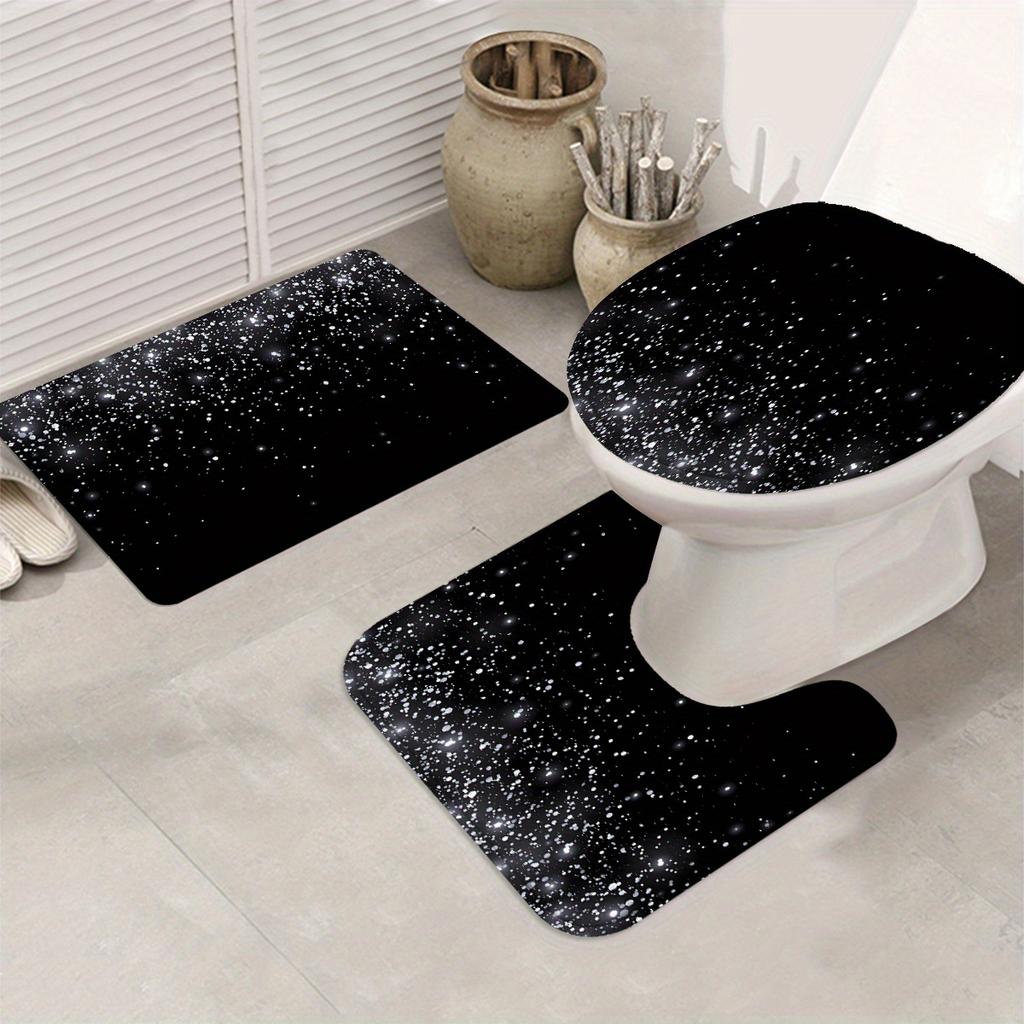4pcs Black Starlight Shower Curtain Gift Modern Home Bathroom Decoration Curtain and Toilet Floor Mat 3-piece Set with 12 Shower Curtain Hooks