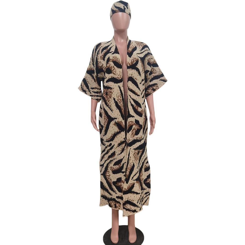 TS1278 Damen Strick-Cardigan im Leopardenmuster mit Kopftuch