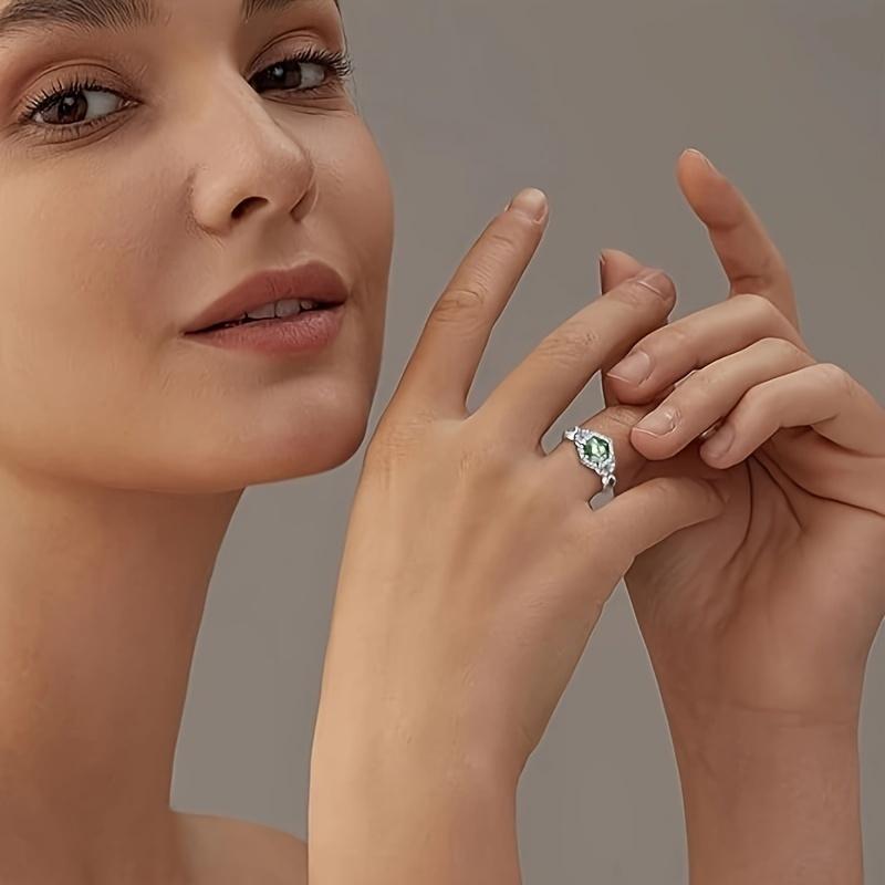 Classic 925 Sterling Silver Ring for Women Unique Natural Moss Agate Crystal Ring for Mom Birthday Engagement Gift