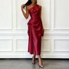 Women One Shoulder Satin Midi Dress Ruched Waist Elegant Wedding Guest Formal Evening Party Dress