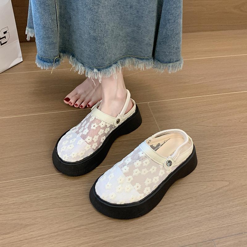 Height-increasing breathable mesh yarn two and a half slippers women's summer 2025 thick-soled small casual hollowed-out bag head sandals
