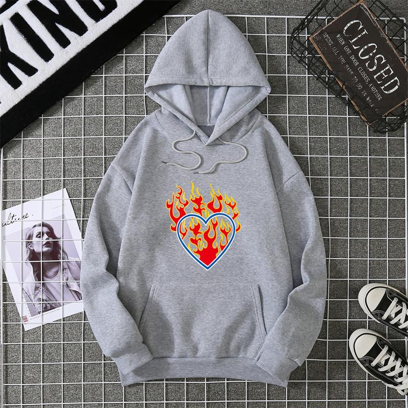 Love Fire Graphic Print Hoodie Pure Cotton High Quality Loose Shoulder Hooded Sweater Trend Fashion Sweatshirt