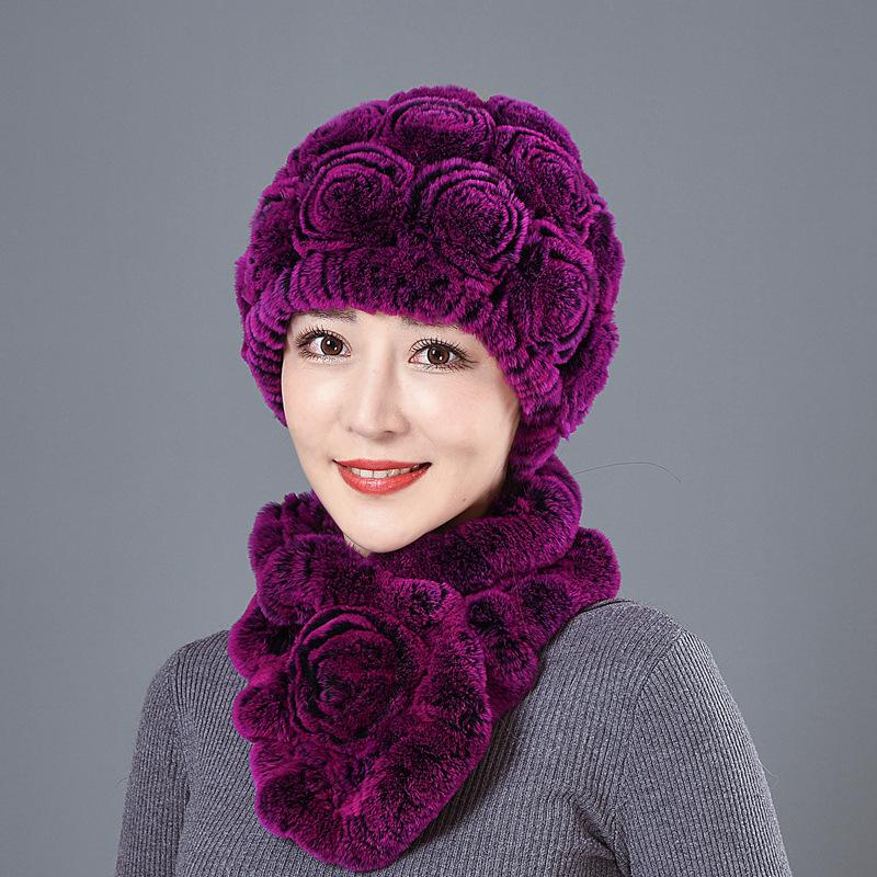 

Шапка из кроличьего меха рекс женская осенне-зимняя межсезонная пожилая шерстяная шапка утолщенный теплый шарф меховая защита ушей шляпа для мамы Hat scarf set