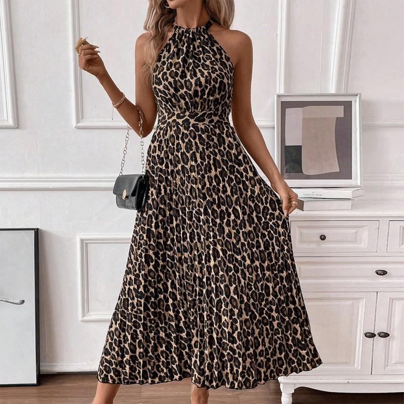 Womens 2025 Leopard Print V-Neck Backless Slip Dress High Waist Flowy Maxi