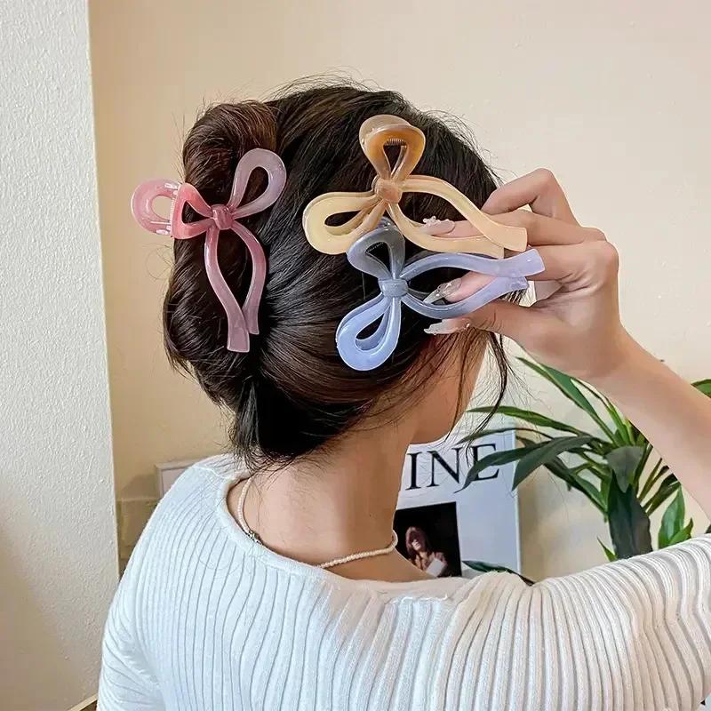Gradient Temperament Hair Claw for Women Female Shark Clip Sweet Bow Hair Grabber Back Head Hair Clip Korean Styling Accessories