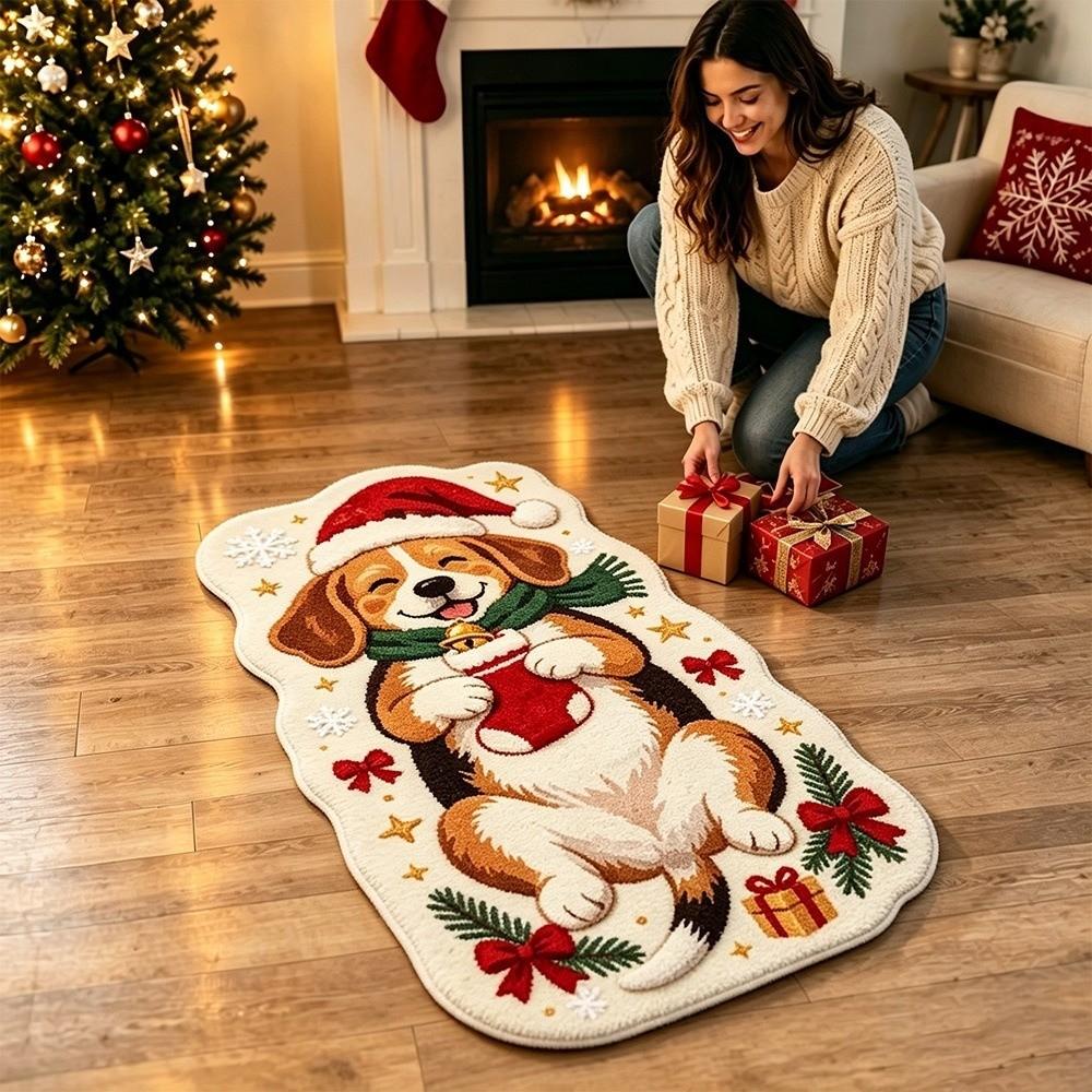 Soft Plush Cartoon Doormat Carpet Christmas Theme Pattern Cat Shaped Mat Entryway