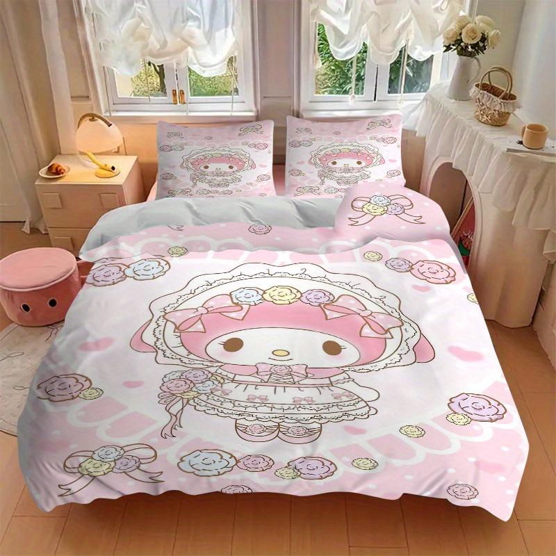 3pcs Pink Flowers My Melody Bedding Set, Including 1 Quilt Cover and 2 Pillow Shams, Without Filling, Soft and Comfortable Home Bedroom Fabr
