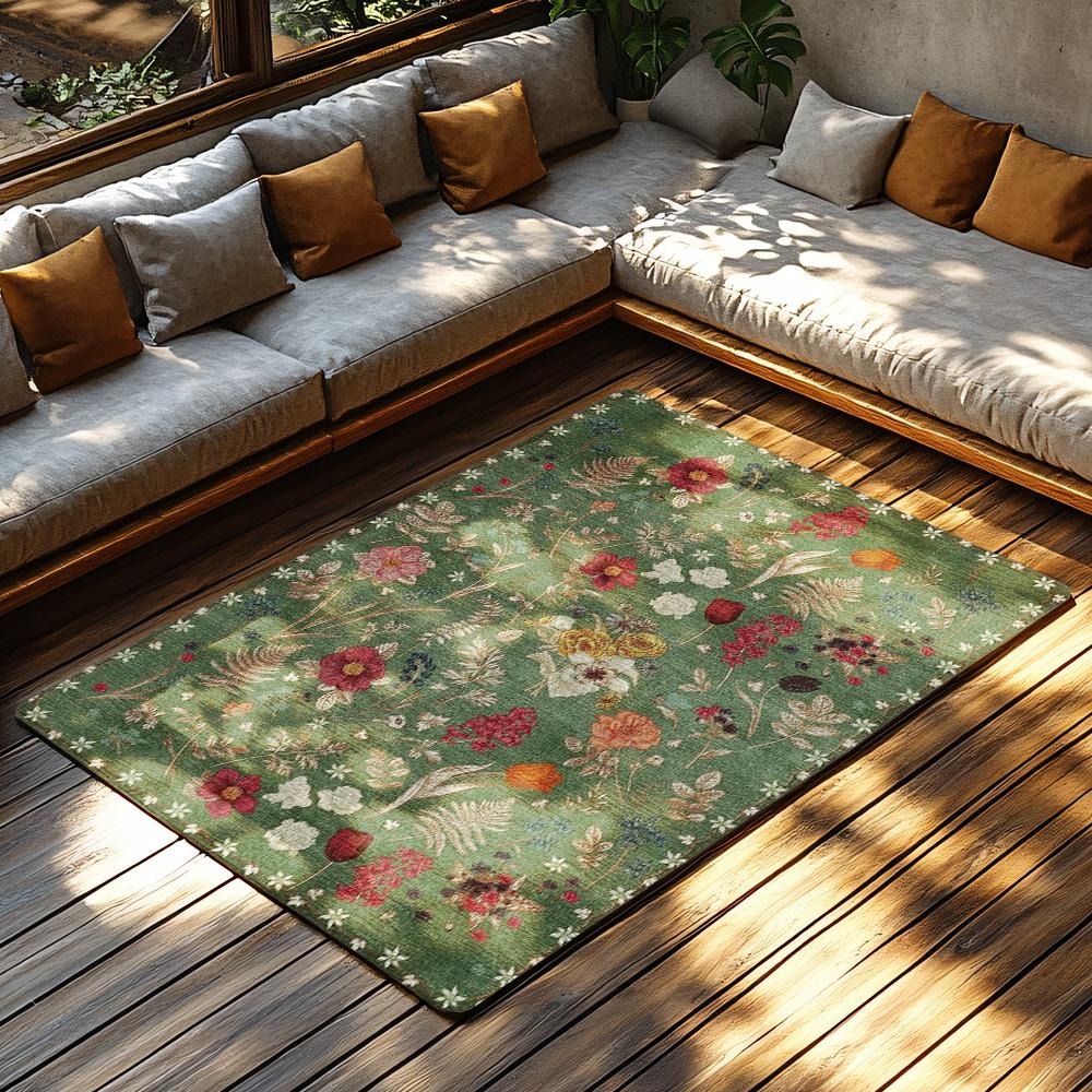 Green Floral Bohemian Area Rug, Multicolor Pattern Non-Slip Carpet, Cozy Living Room Mat for Natural Home Decor