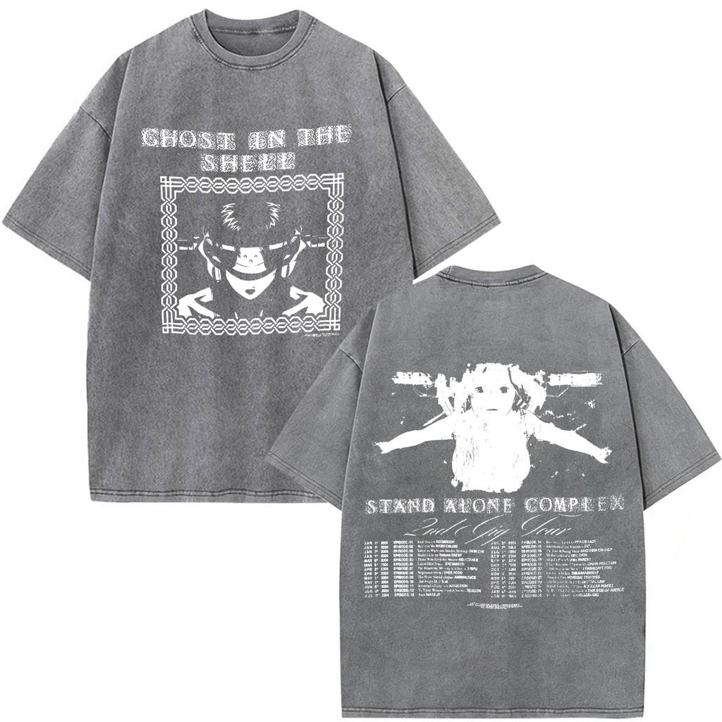 Camisetas Gráficas Vintage Lavadas de Anime Ghost in The Shell Motoko Kusanagi para Hombre y Mujer Moda Camisetas de Manga Corta Oversize