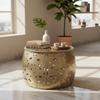 Wooden Round Brass Cutting Coffee Table, Jacob Cocktail Table-Wooden Drum Side Table, End Table-Ornate Metal, Round Moroccan Accent Table