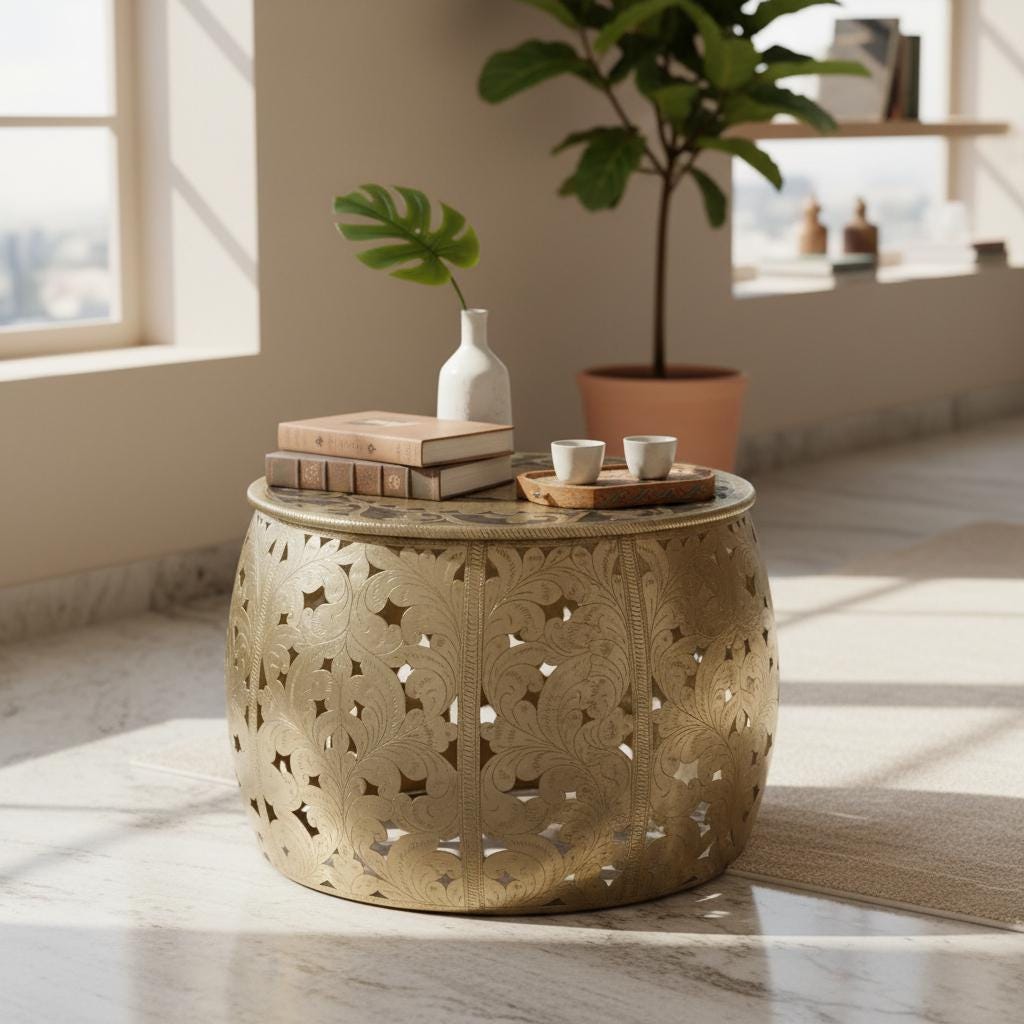 Wooden Round Brass Cutting Coffee Table, Jacob Cocktail Table-Wooden Drum Side Table, End Table-Ornate Metal, Round Moroccan Accent Table