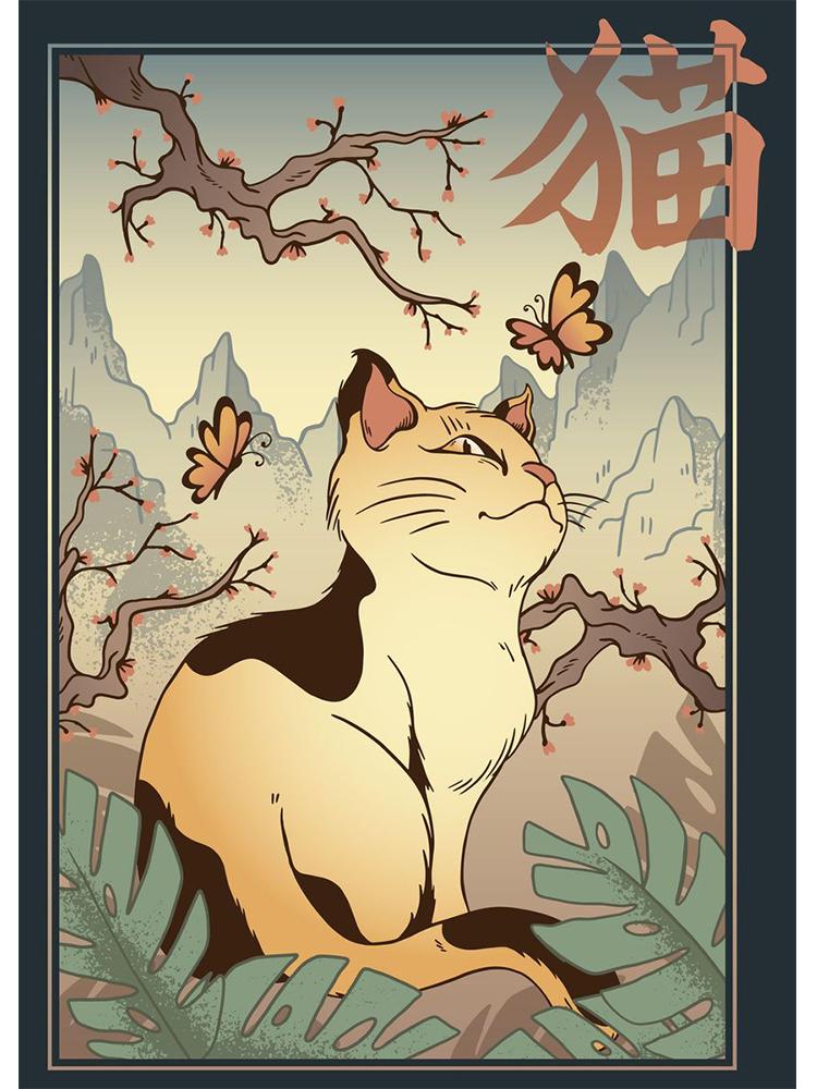 Retro japansk Samurai Cat Dog Poster Lerretsmaling Nordisk veggkunst for moderne stuedekorasjon