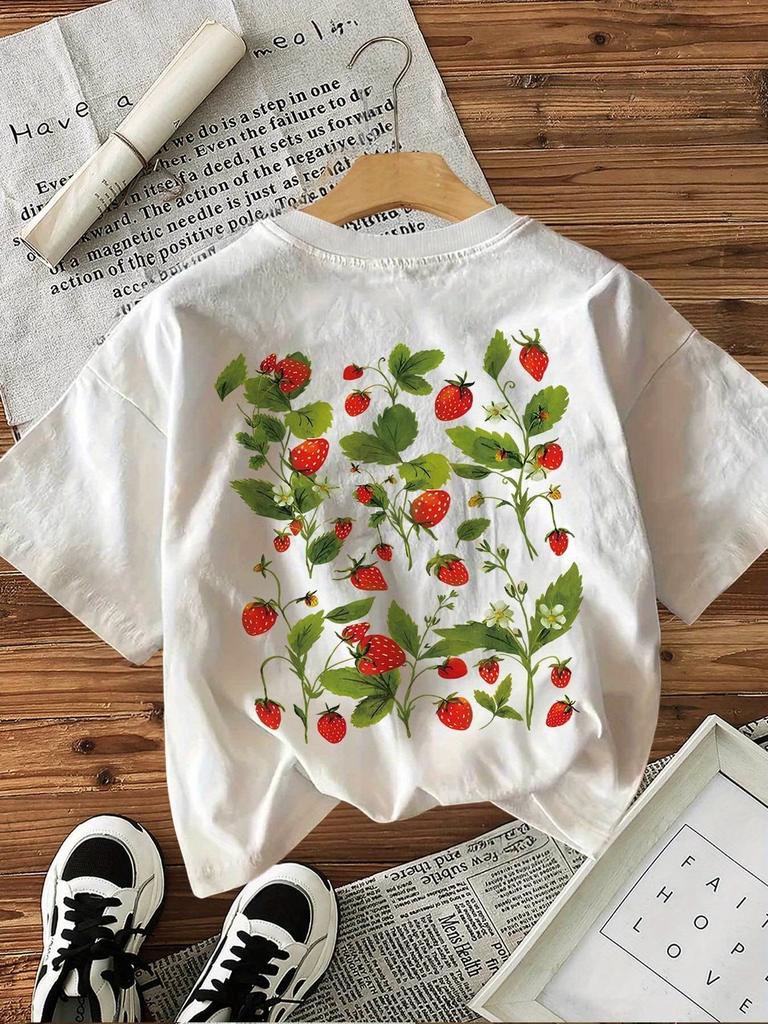 90s Strawberry Y2k 100% Cotton Women's Retro Floral Print Sweet T-Shirt Soft Crew Neck Short Sleeve Top Vintage Shirt