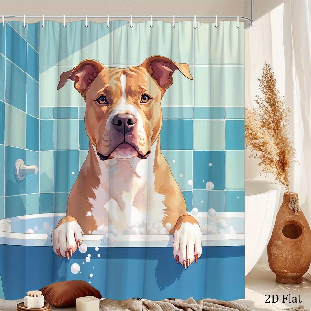 Pit Bull Dog Shower Curtain 1pc – Cartoon Dog In Bubble Bath, Playful Pet Art Bath Curtain for Fun Home Decor