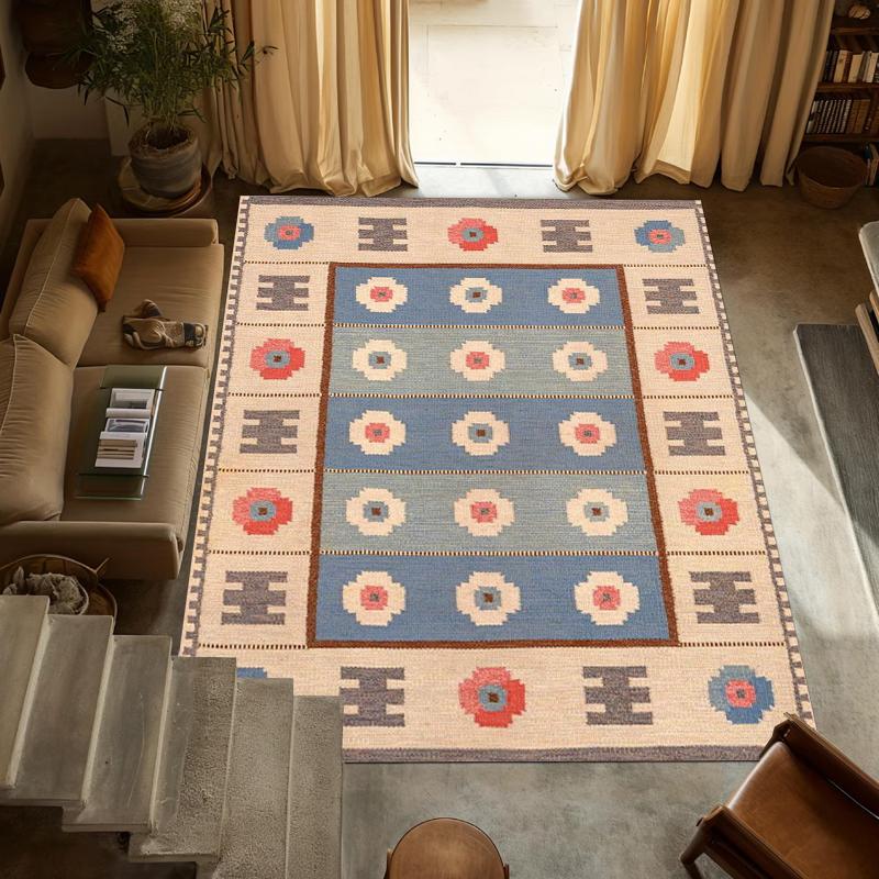 

Vintage Blue Area Rug Non-Slip Floor Mat with Tribal Geometric Pattern Retro Boho Decor Carpet for Entryway Entrance Livingroom 40x60cm