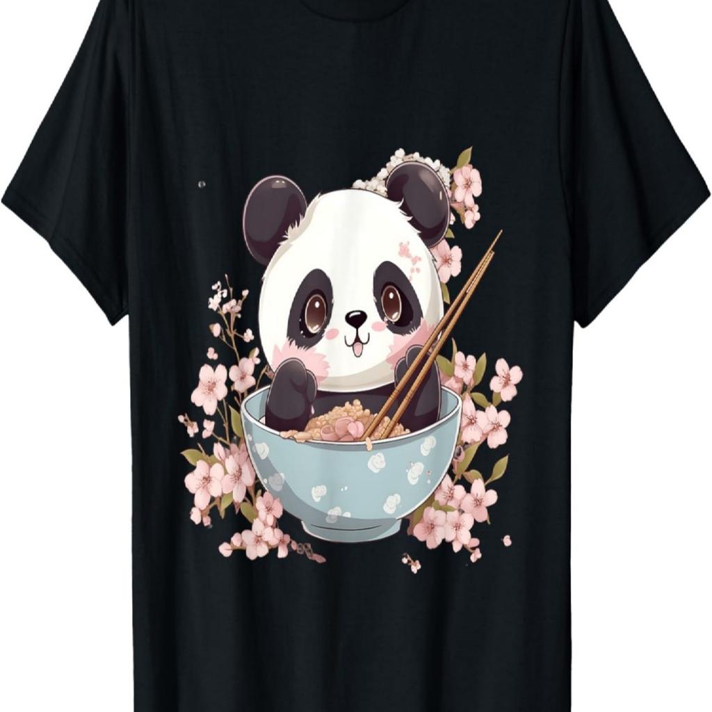 Otaku Kawaii Anime Panda isst Ramen Nudeln Kirschblüte T-Shirt