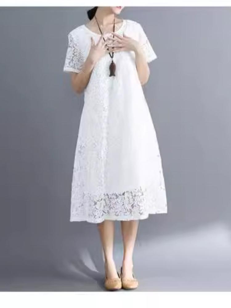 

Элегантное кружевное платье с V-образным вырезом и короткими рукавами, струящееся платье до колен для женщин, повседневное летнее платье M