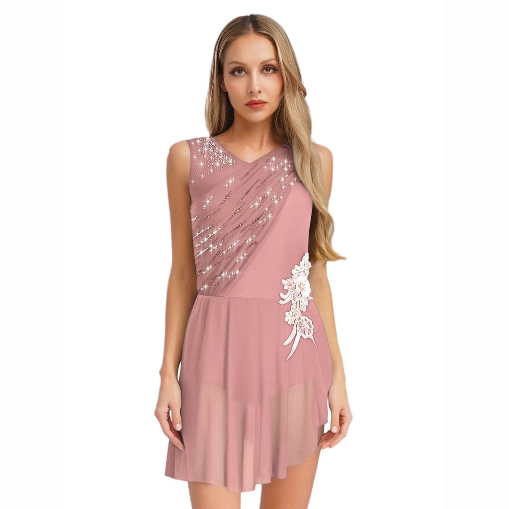 Womens Lyrical Dance Dress Sleeveless Ruched Mesh Overlay Shiny Rhinestones Side Slit Ice Skating Costume