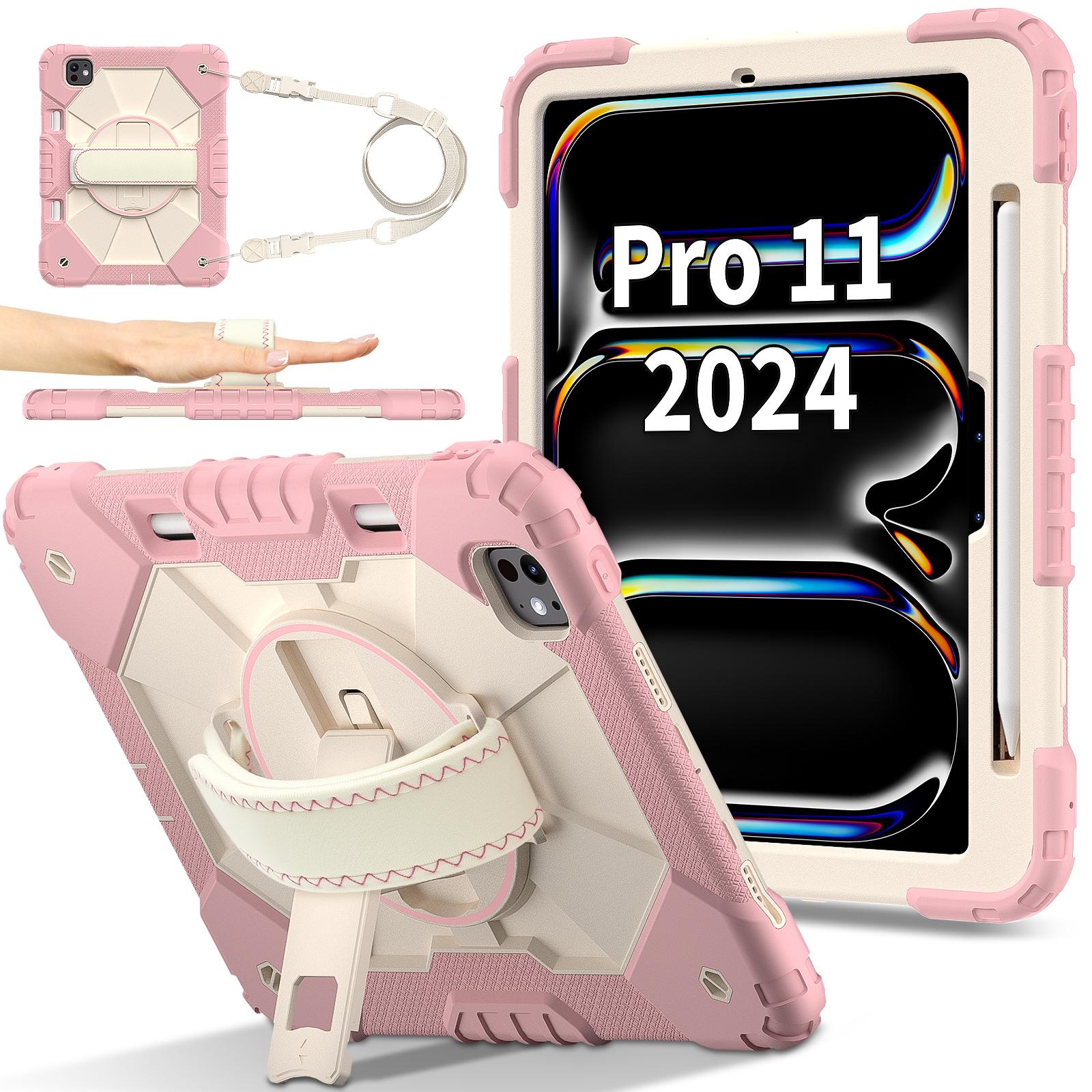 

Противоскользящий чехол-подставка для iPad Pro 11 2025 M5 2024 M4 A3357 A3358 A3359 A2836 A2837 A3006 Поворотная гибридная обложка Плечевой ремень iPad Pro 11 2024 M4 розового золота