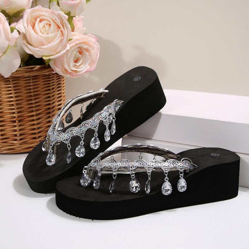 Women's Fashion Flip-flops Summer New Style Round Head Waterproof Table Braided Glitter Soft Soled Non-slip Sandals