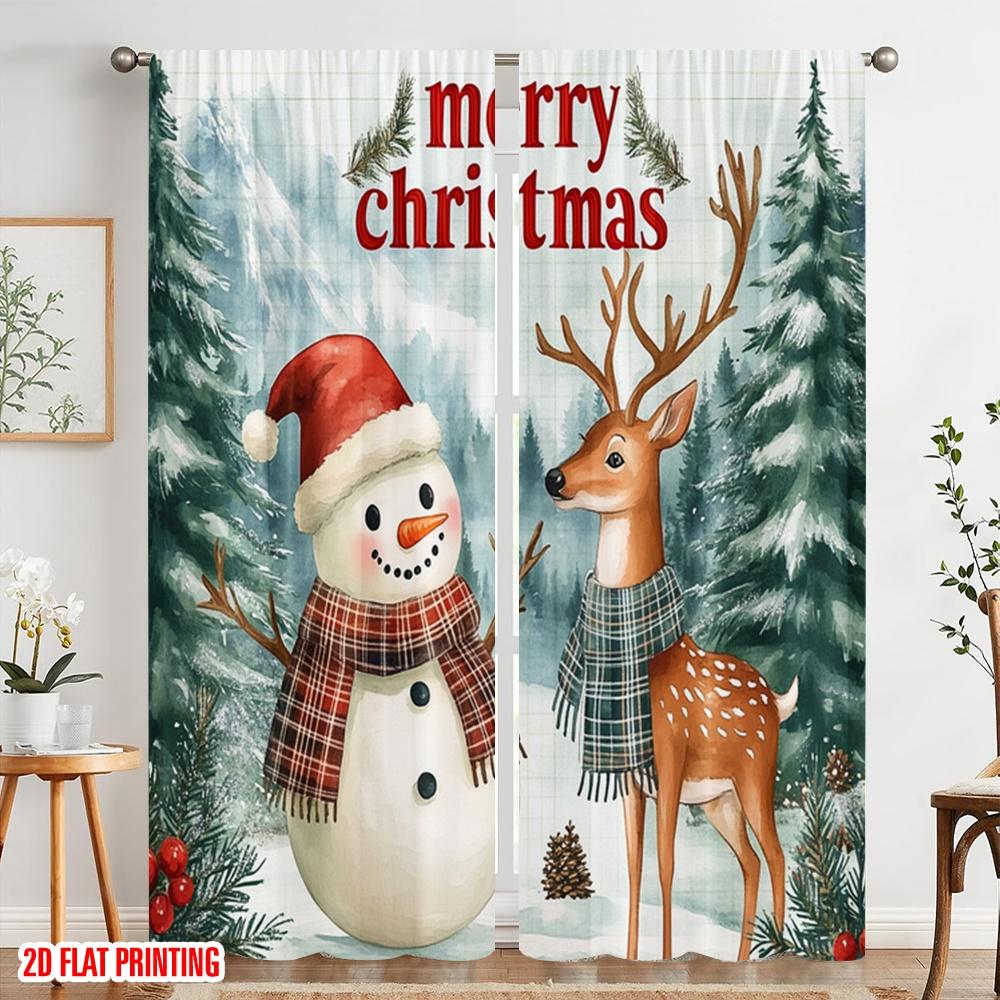 2pcs,2D Plane Printing Print Curtains Cute Deer Snowman Christmas Forest (2) Versatile 100% Polyester (without Rod) Art Deco