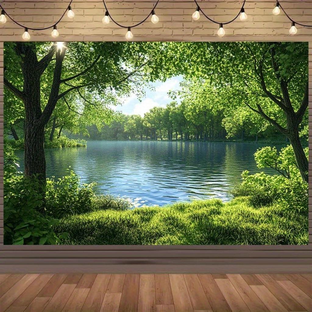 1pc Forest Lake View Serene Nature Theme Polyester Background Fabric - Lush Green Forest, Party and Home Decoration