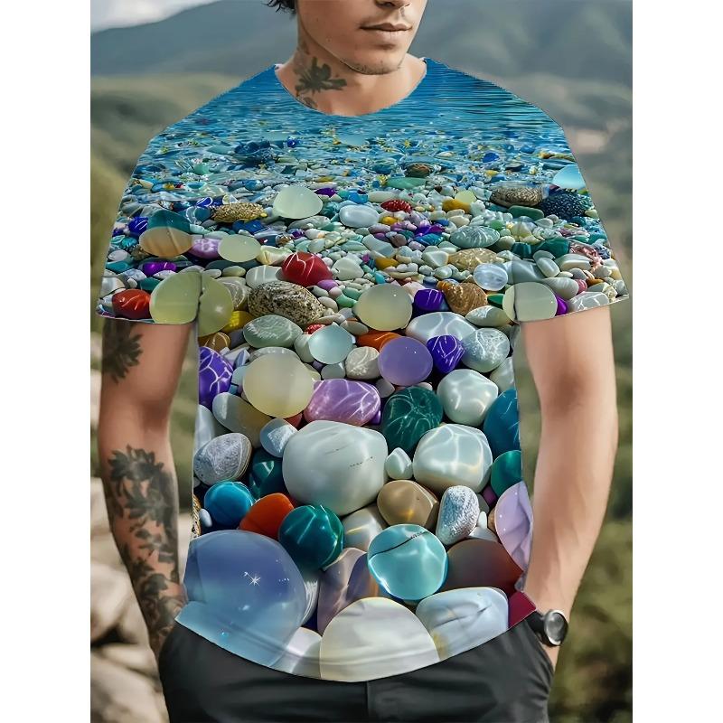 Men's 3D Colorful Glossy Pebble Underwater Print T-Shirt Crew Neck Short Sleeve Ocean Scenery Casual Summer Tee Top