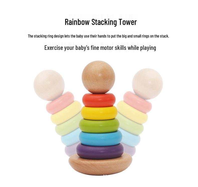 Children's Educational Toy Set: Wooden Building Blocks, Bead Maze, Shape Matching, and Rainbow Stacking Tower.