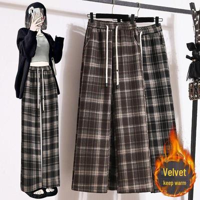 Plus Size High-Waisted Plaid Wide-Leg Pants: Fleece-Lined or Unlined, Autumn/Winter Edition