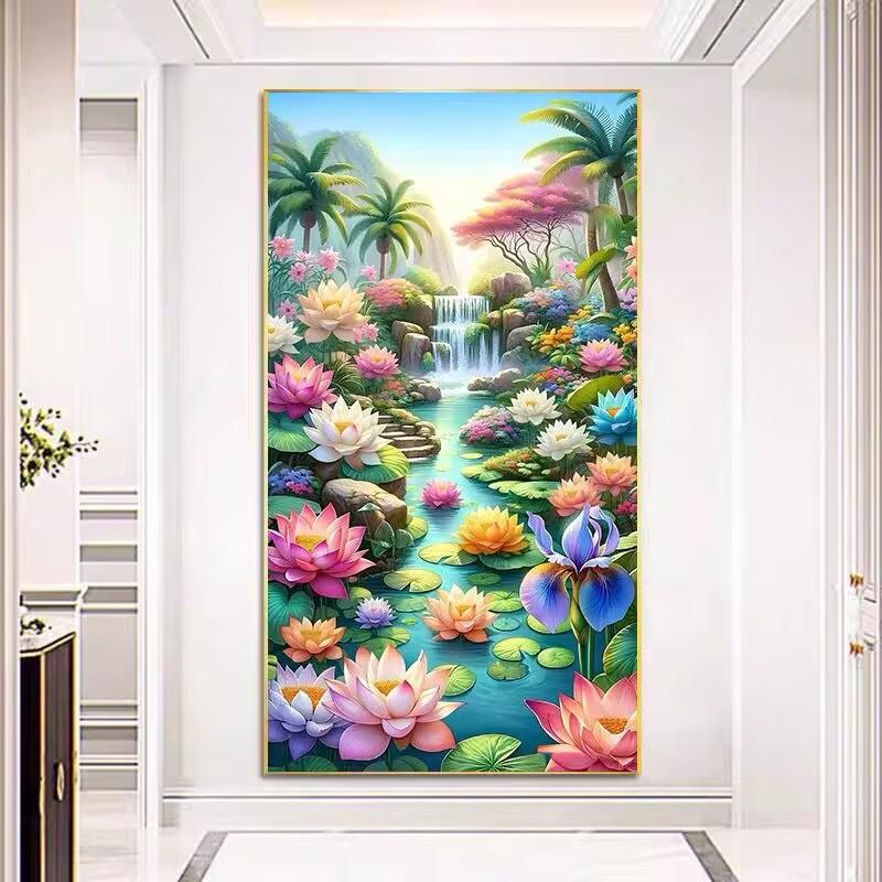 5D Diamantmalerei Voll von Diamanten Yao Pool Lotus Mosaikkunst Neu Wohnzimmer Schlafzimmer Ästhetisch Lotus Pavillons Voll von gestickter DIY Dekoration